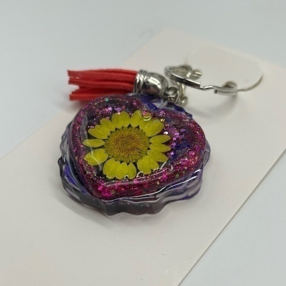 Handmade Resin Yellow & White Floral Pink Glitter & Heart Key Chain Bag Charm - Picture 5 of 5